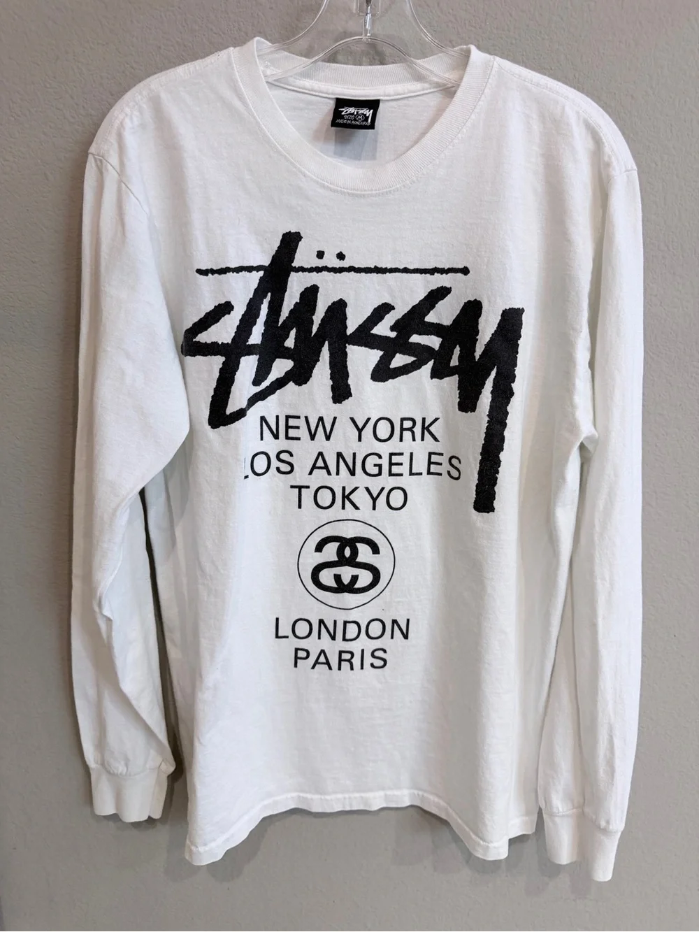 Stussy World Tour Long Sleeve Graphic Tee White Black Size M Streetwear